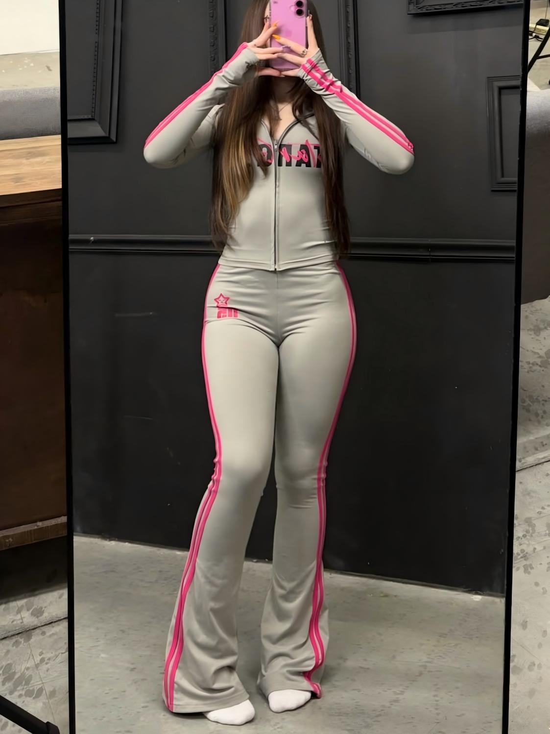 StarGirl Print Zip Up Hooded Crop Top Flare Pants 2 Piece Tracksuit Women