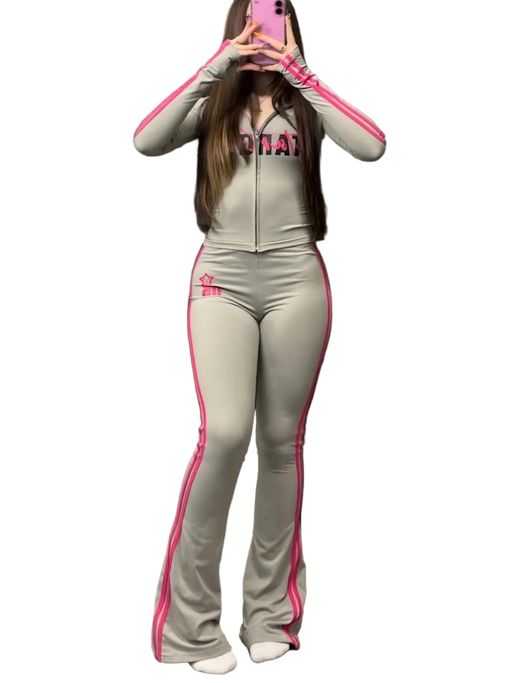 StarGirl Print Zip Up Hooded Crop Top Flare Pants 2 Piece Tracksuit Women