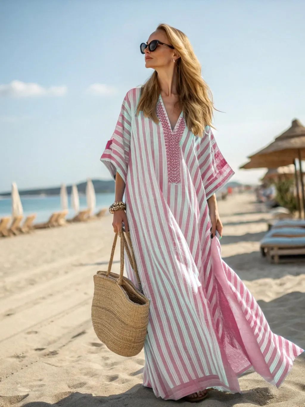 Women Boho Abstract Print V Neck Batwing Loose Kaftan Maxi Beach Dress