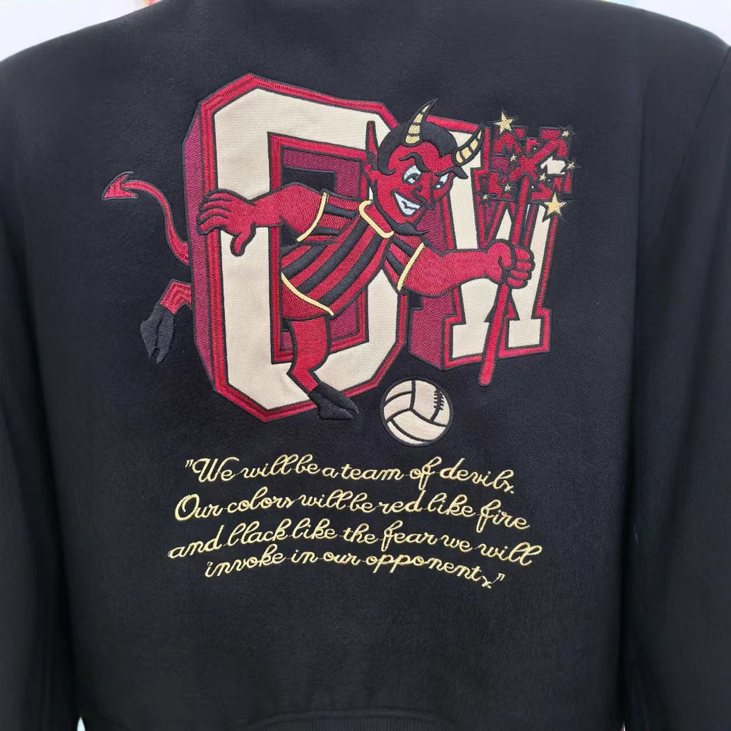 Off White Cartoon Devil Graphic Varsity Jacket Unisex