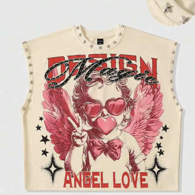 Number Graphic Rivet Sleeveless Loose Vest Top Women