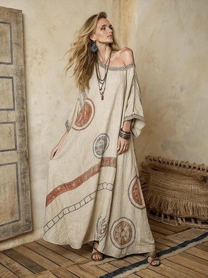 Women Boho Diagonal Striped Off Shoulder Loose Kaftan Maxi Beach Dress