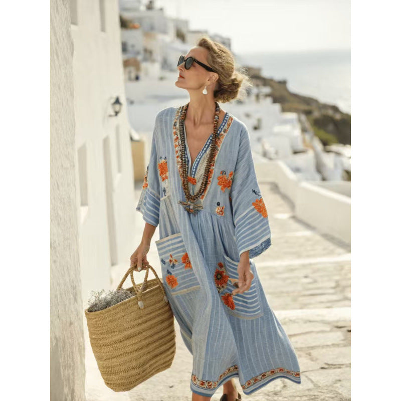 Women Boho Striped Embroidery V Neck Loose Kaftan Maxi Beach Dress