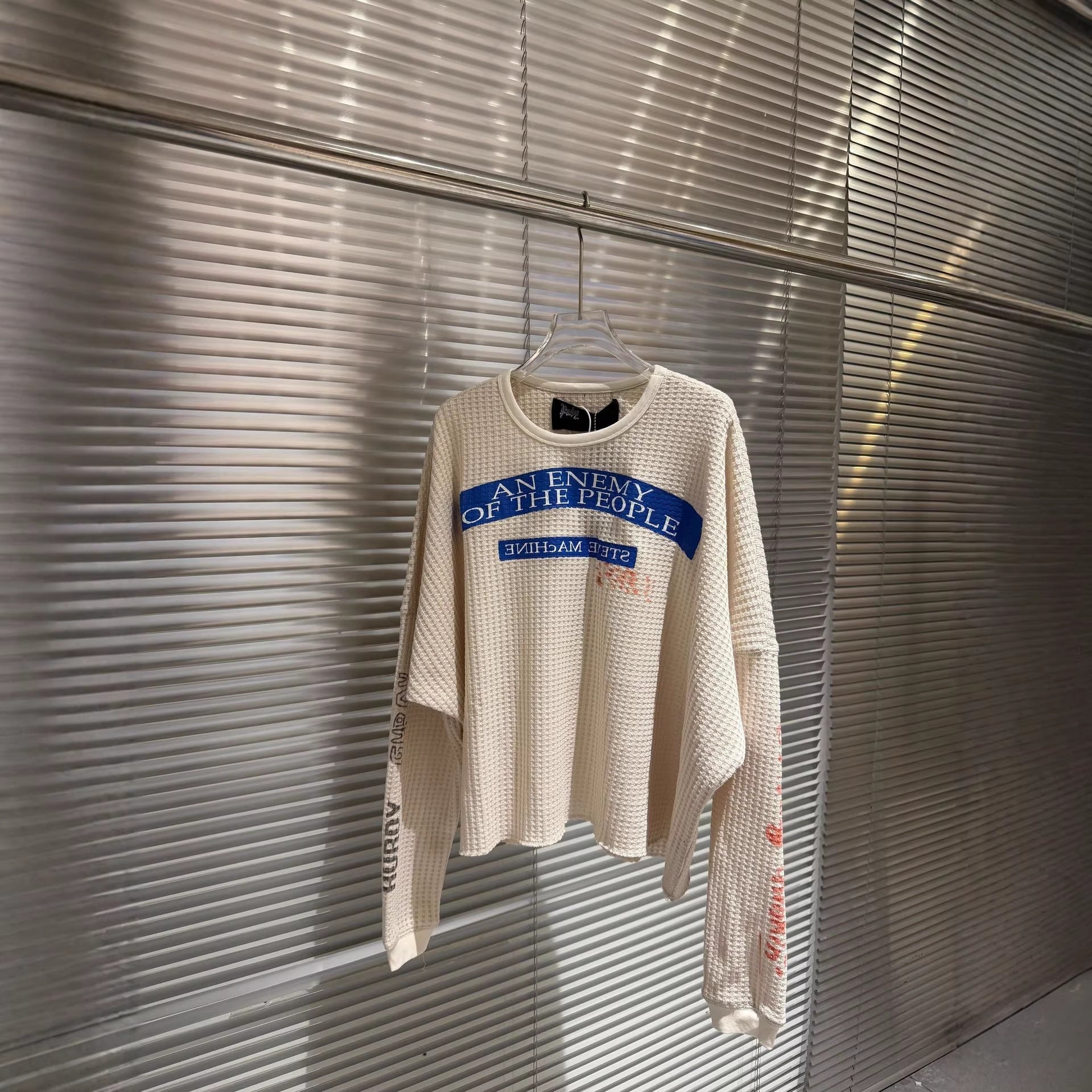 Waffle Knit Figure Letter Graphic Crew Neck Long Sleeve T Shirt