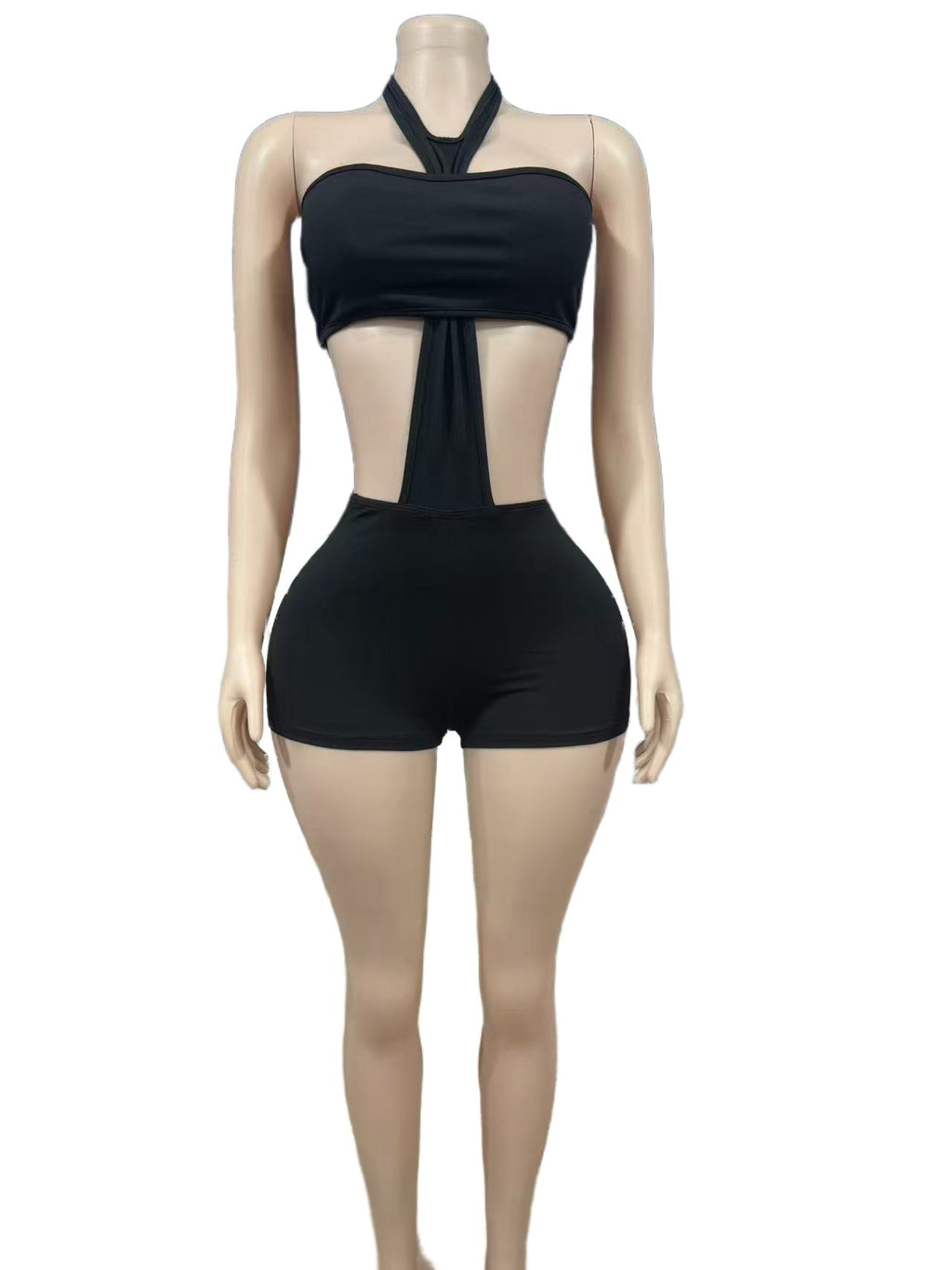 Halter Neck Cutout Bodycon 2 Piece Outfit Women Sexy Club Shorts Set