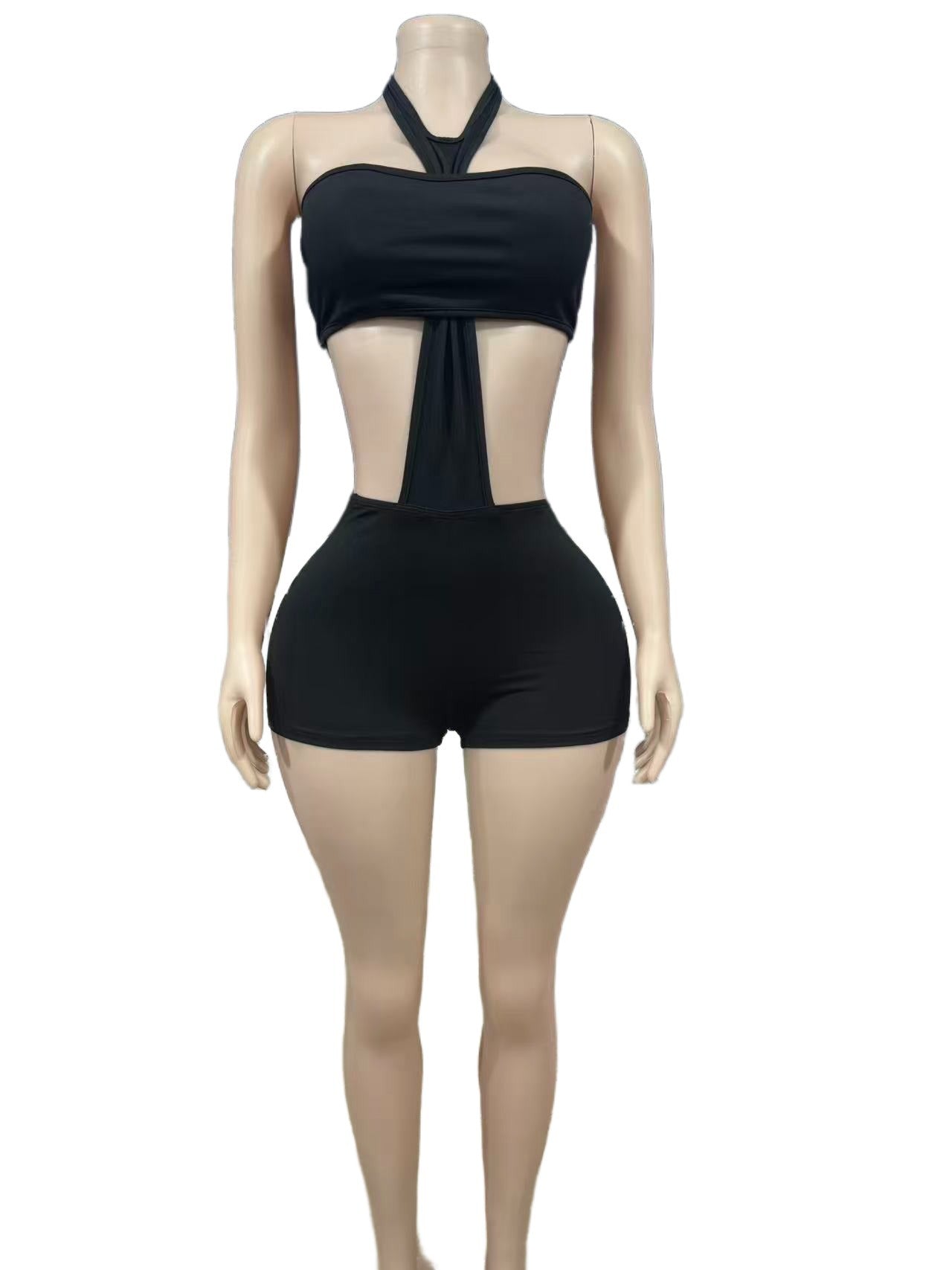 Halter Neck Cutout Bodycon 2 Piece Outfit Women Sexy Club Shorts Set