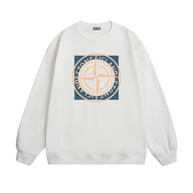 Stone Island Compass Print Crewneck Sweatshirt Men Winter Fleece Top