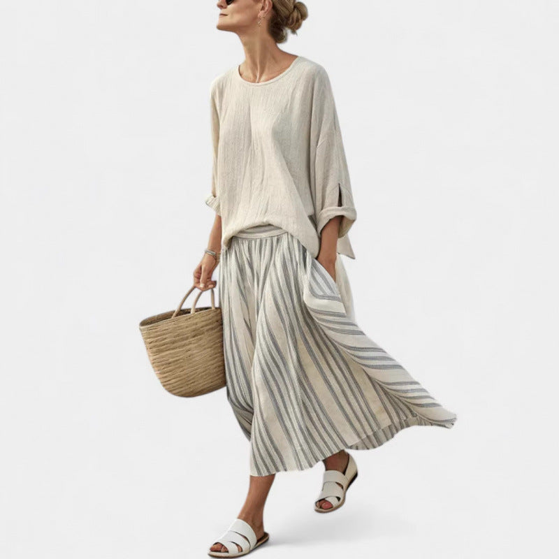 Women European Boho Striped Plus Size Loose Kaftan Beach Vacation Set