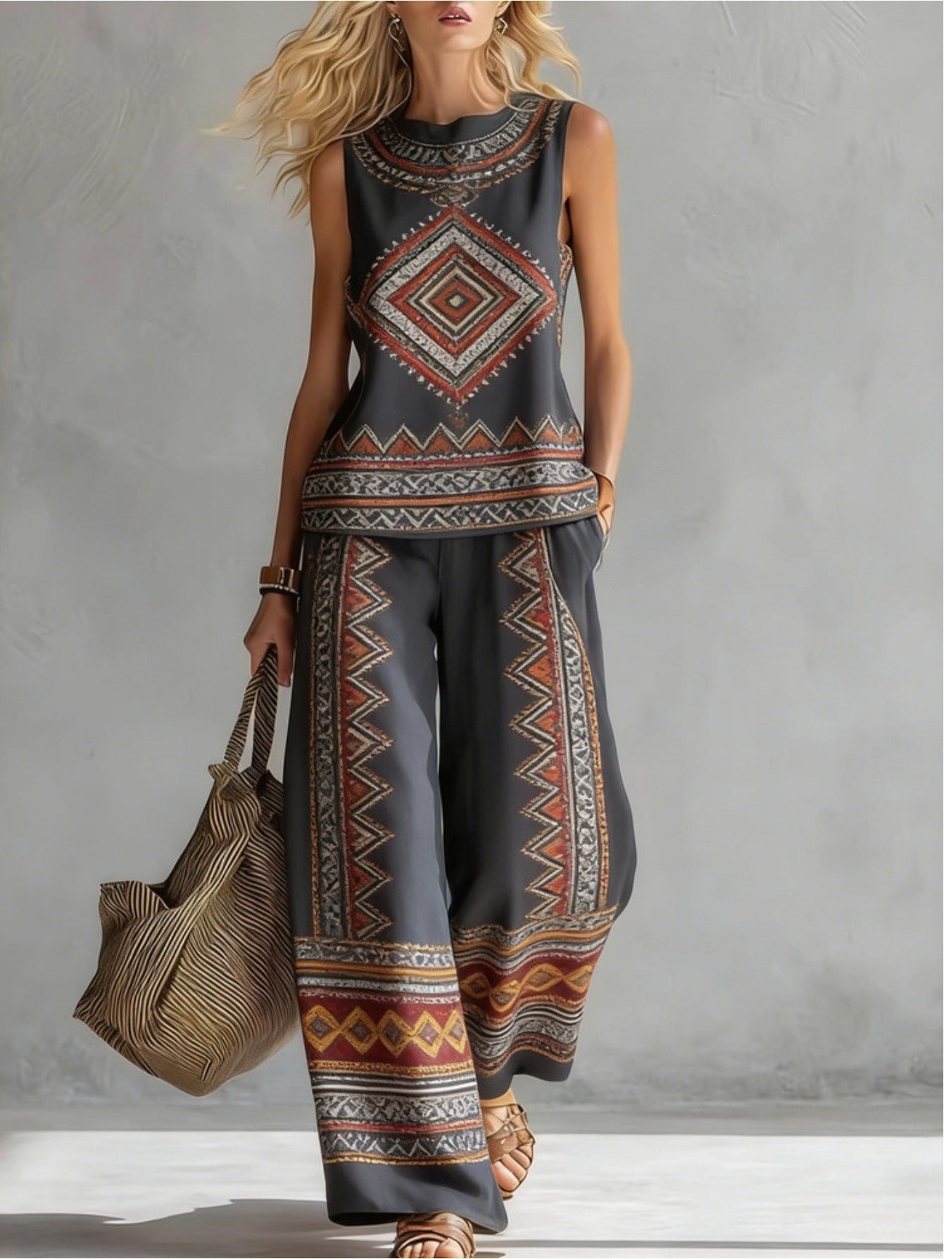 Boho Floral Trim Sleeveless Wide Leg Two Piece Set