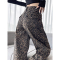 Leopard Print Wide Leg Denim Jeans High Waist Loose Straight Pants