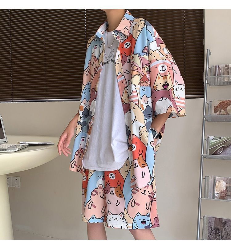 Couple Quick Dry Floral Loose Tropical Beach Shirt Shorts Set