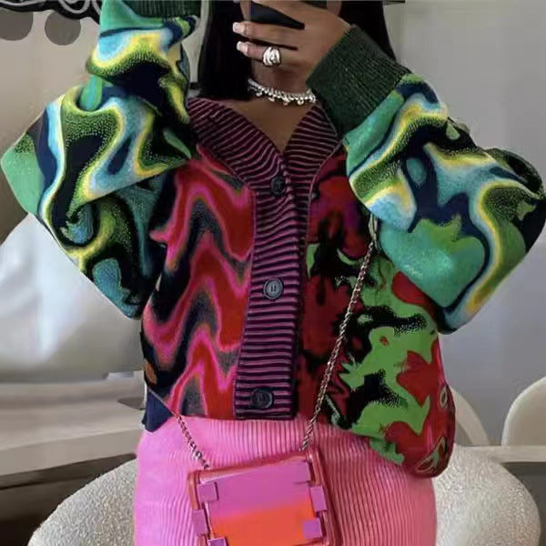 Colorful Abstract Print Knit Cardigan Women Long Sleeve Sweater Coat