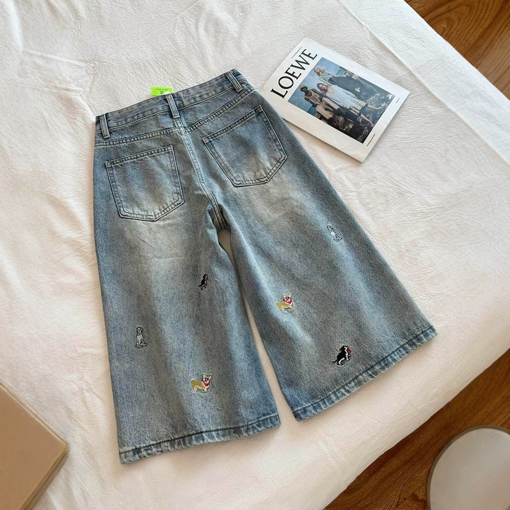 Vintage Dog Embroidered Capri Denim Shorts Loose Wide Leg Jeans