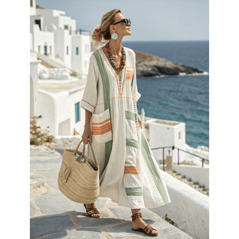 Women Boho V Neck Patch Pocket Print Loose Kaftan Maxi Beach Dress