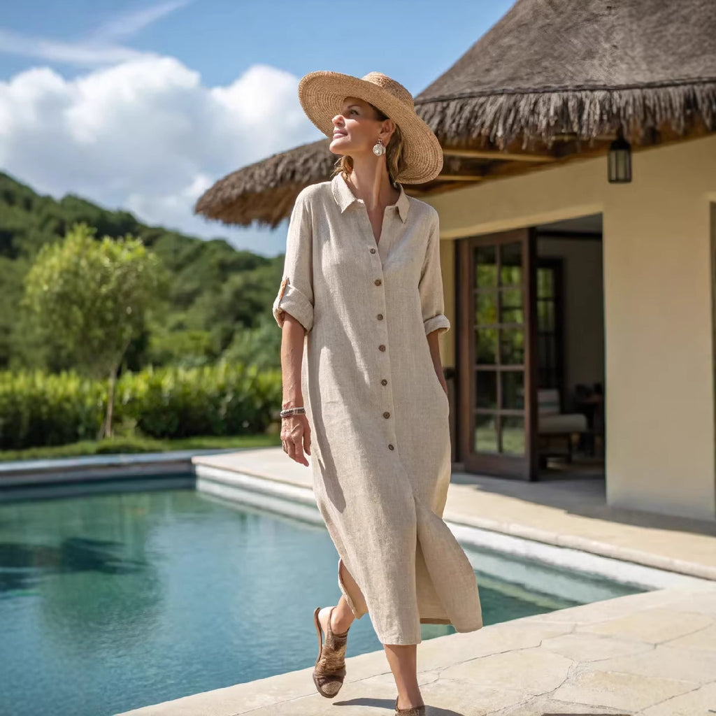 Women Boho Vertical Striped Collared Button Front Slit Loose Maxi Beach Dress