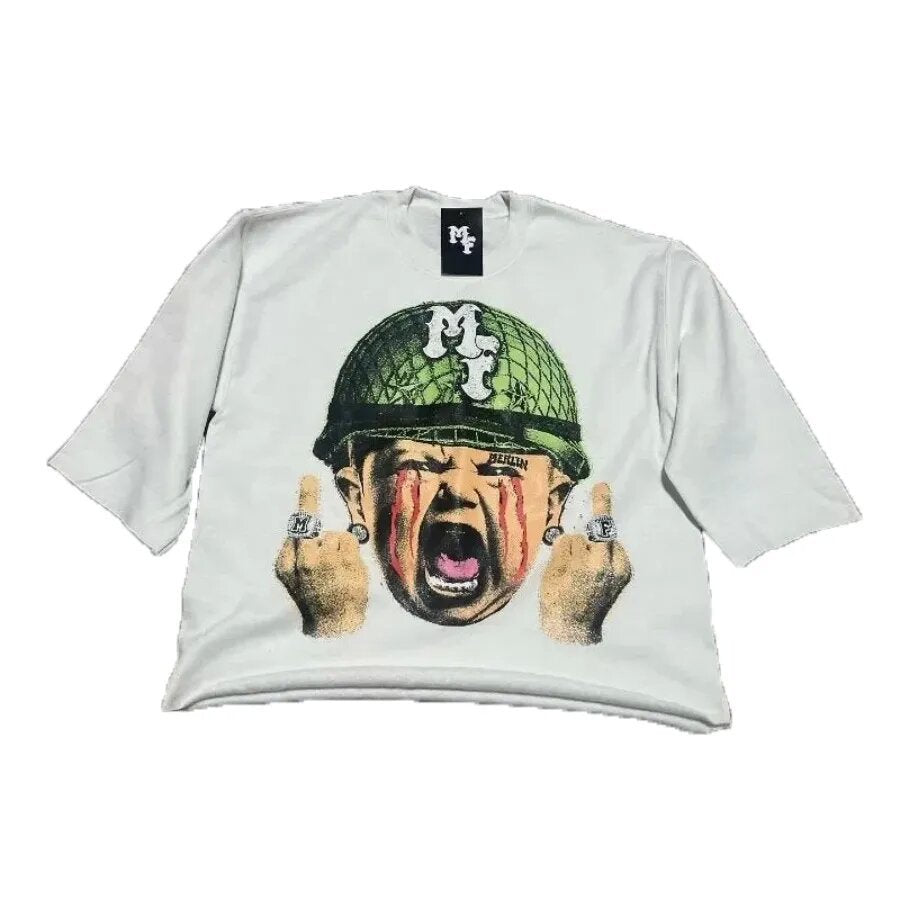 Merlin Worldwide Style Y2K Cartoon Portrait Oversized Vintage Baumwoll-T-Shirt