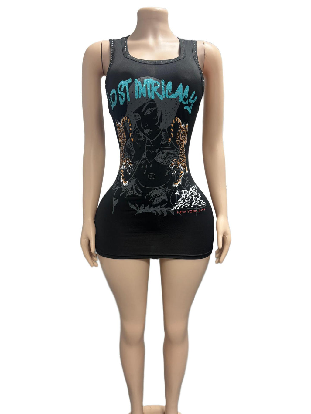 Figure Print Sleeveless Bodycon Mini Dress Women Club Tank Dress