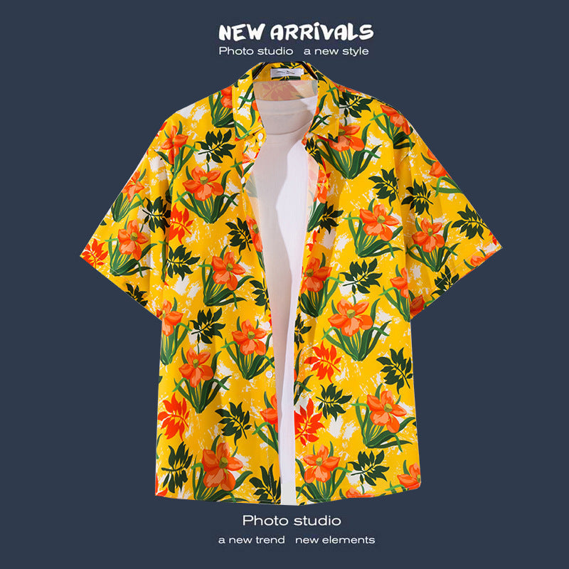 Mens Vintage Tropical Hawaiian Floral Loose Short Sleeve Beach Shirt