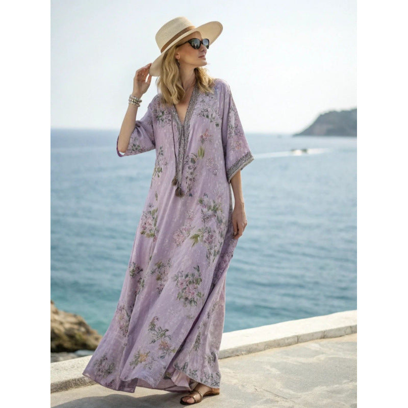Women Boho Floral Border Print V Neck Loose Kaftan Maxi Beach Dress