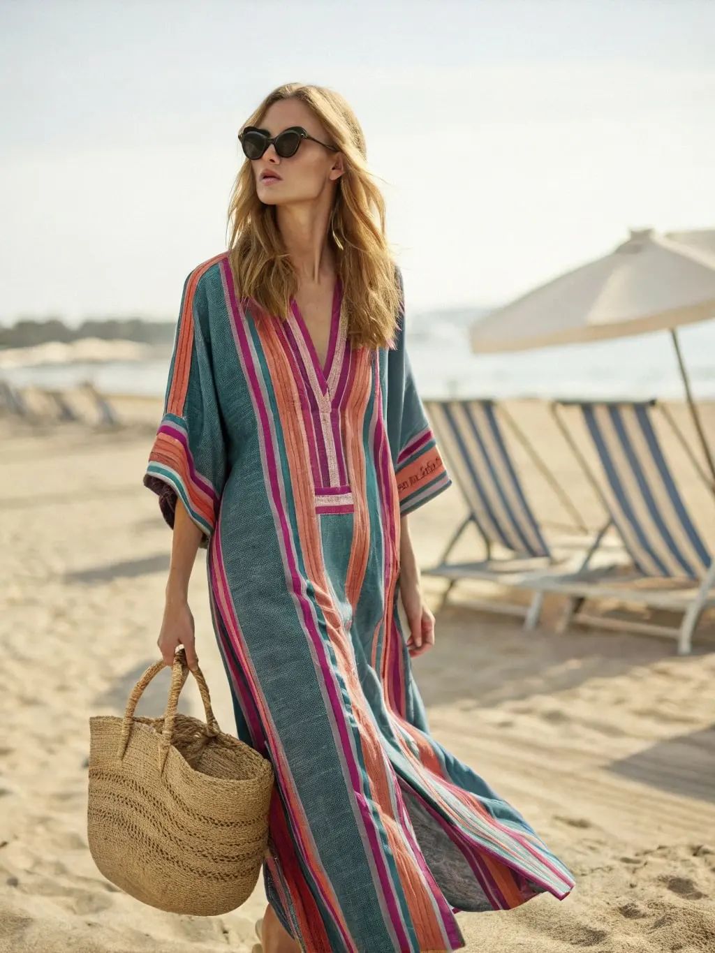 Women Boho Abstract Print V Neck Batwing Loose Kaftan Maxi Beach Dress