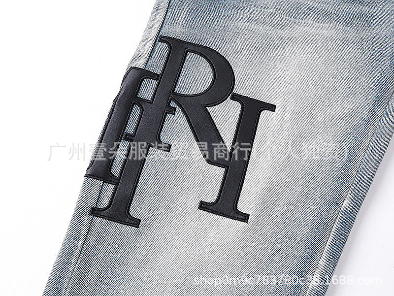 Amiri Blue Letter Embroidery Distressed Stretch Slim Fit Denim Jeans