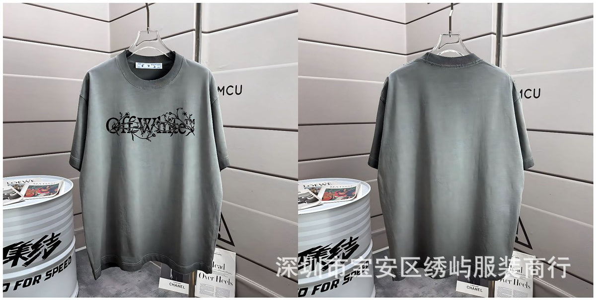 Off-White Washed Distressed Crew Neck Short Sleeve T Shirt Unisex