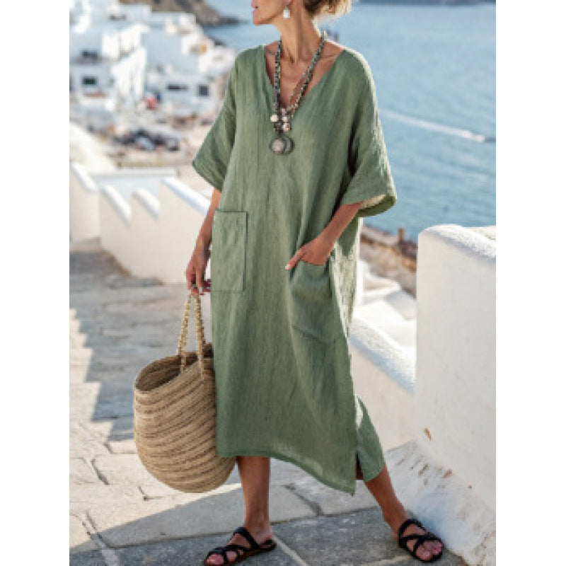 Women Boho V Neck Patch Pocket Print Loose Kaftan Maxi Beach Dress