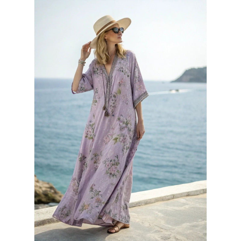 Women Boho Floral Border Print V Neck Loose Kaftan Maxi Beach Dress