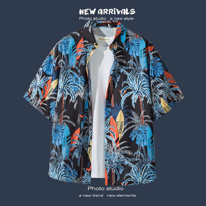 Mens Vintage Tropical Hawaiian Floral Loose Short Sleeve Beach Shirt
