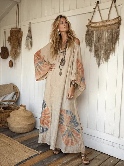 Women Boho Diagonal Striped Off Shoulder Loose Kaftan Maxi Beach Dress