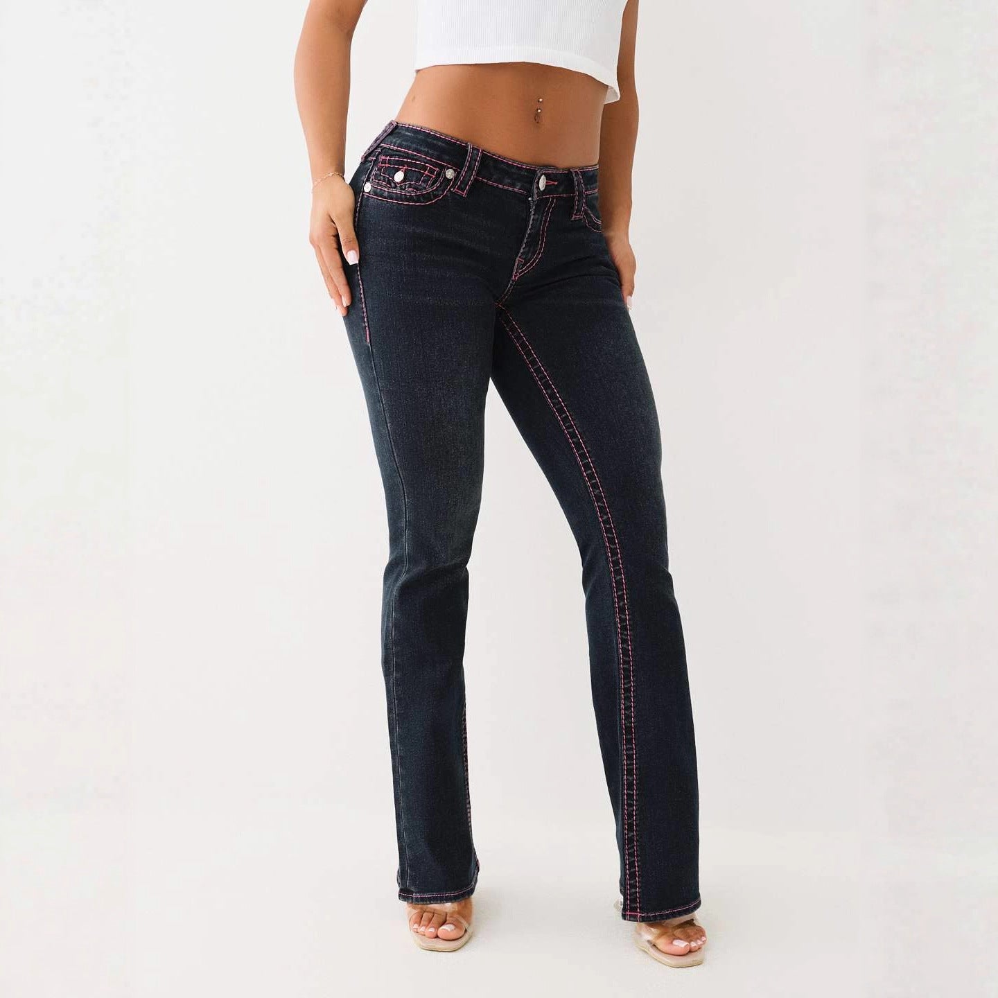 True Religion Pink Horseshoe Embroidery Low Waist Flare Jeans Y2K