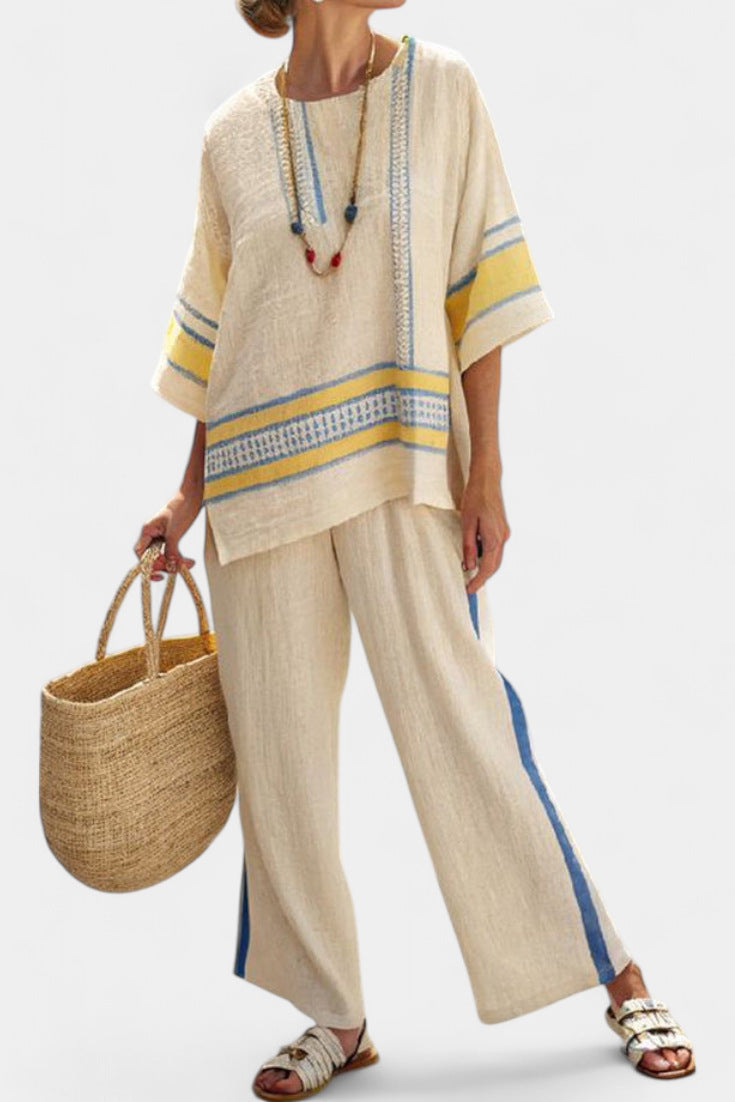 Women European Boho Striped Plus Size Loose Kaftan Beach Vacation Set