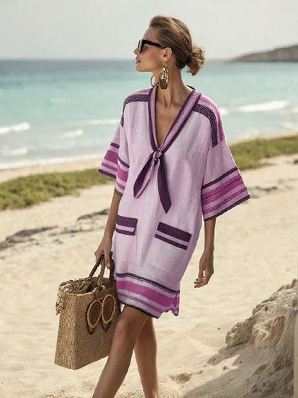 Women Boho Striped V Neck Loose Kaftan Midi Beach Dress