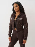 True Religion Stitch Embroidered Zip Crop Hoodie Flare Pants Tracksuit Set