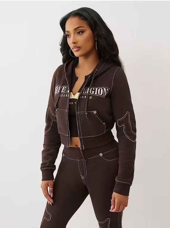 True Religion Stitch Embroidered Zip Crop Hoodie Flare Pants Tracksuit Set