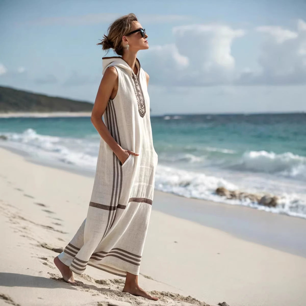 Women Boho Striped Hooded Sleeveless Slit Pocket Kaftan Maxi Beach Dress