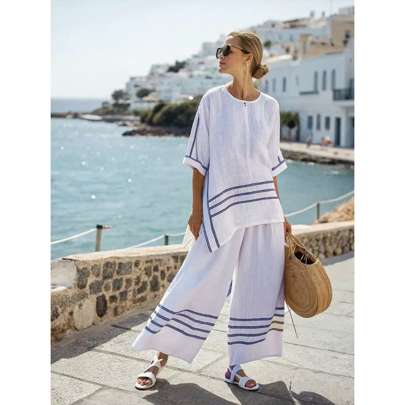 Women Boho Striped Plus Size Loose Kaftan Beach Set