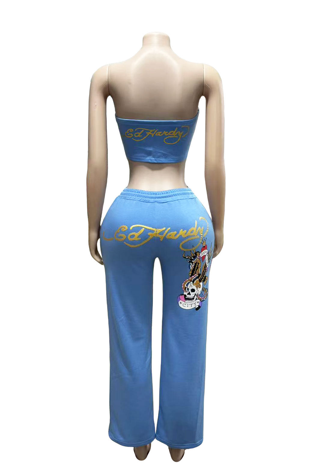 Skull Graphic Print Strapless Tube Top Wide Leg Pants 2 Piece Set Women