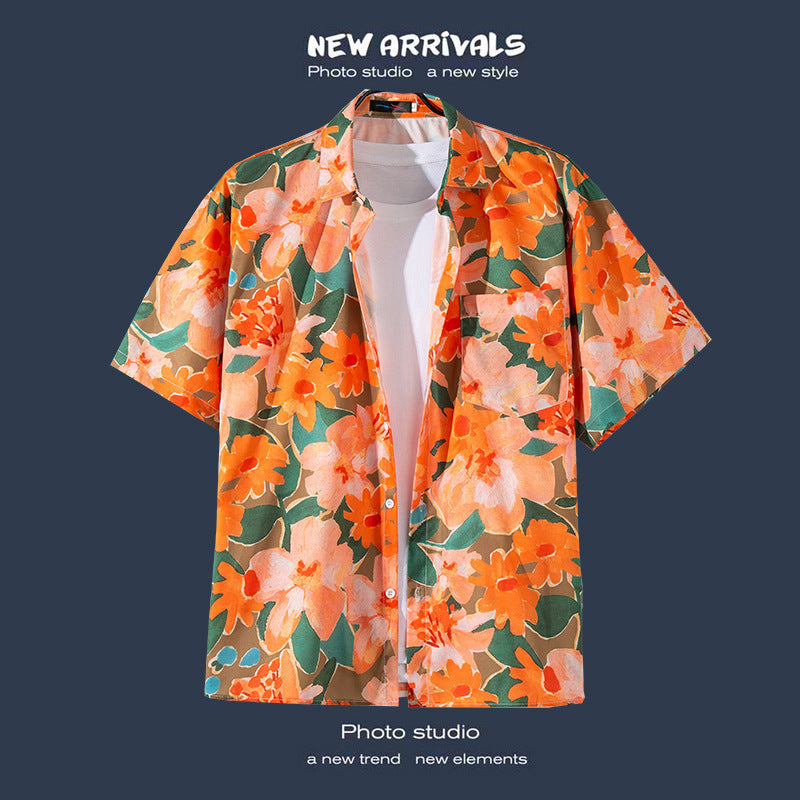 Mens Vintage Tropical Hawaiian Floral Loose Short Sleeve Beach Shirt