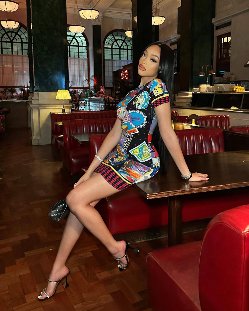 Versus Versace Travel Souvenir Collage Print Bodycon Mini Dress Women