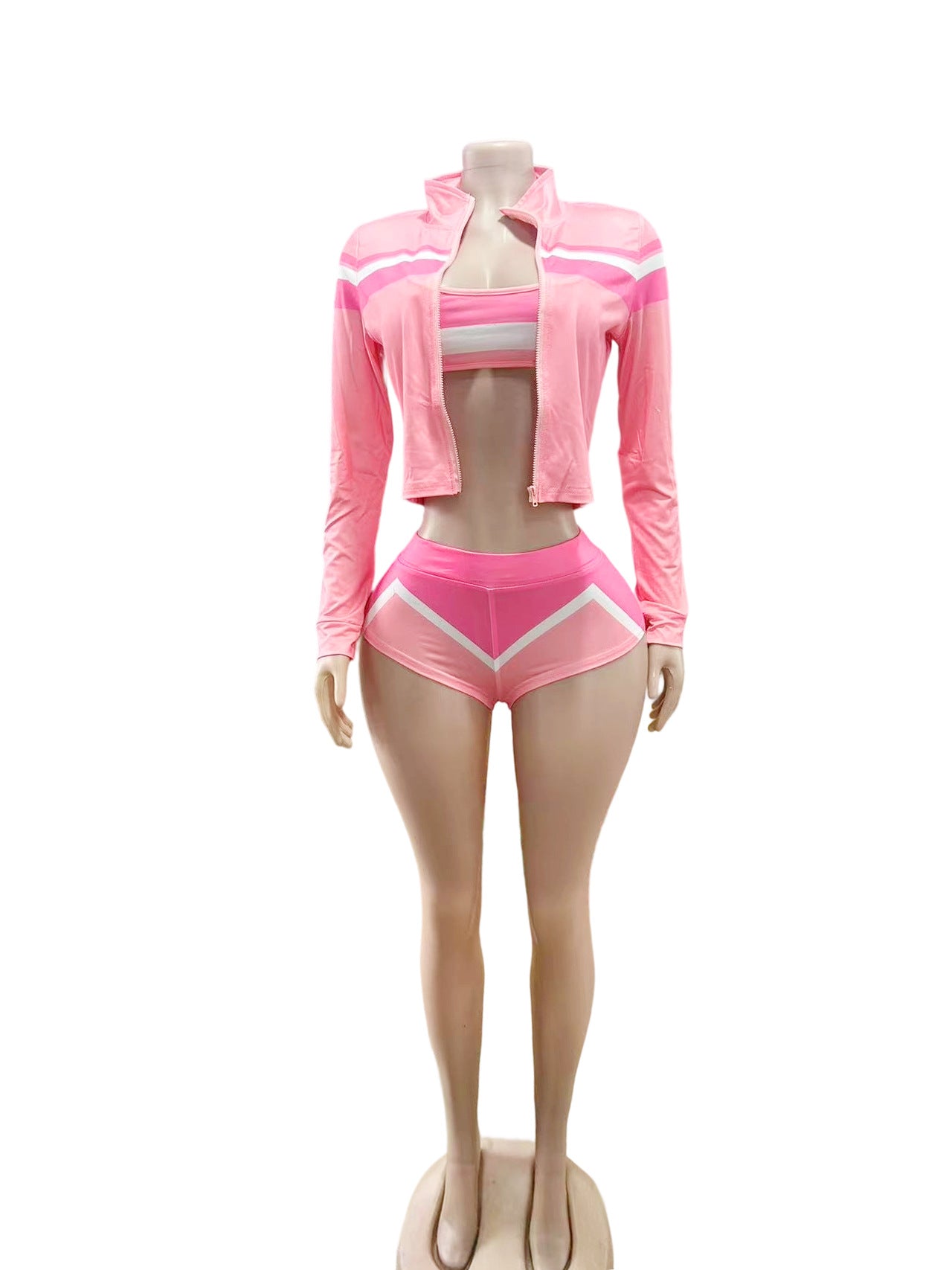 Y2K Color Block Zip Crop Jacket Bikini Short 3 Piece Set