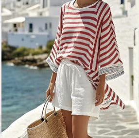 Boho Striped Batwing Beach Two Piece Short Set