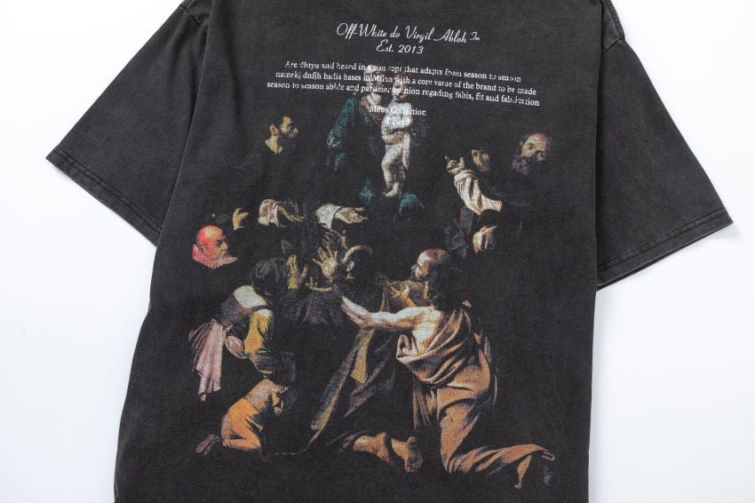 Off-White Color Figure Graphic Crew Neck Short Sleeve T Shirt