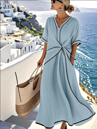 Women Boho V Neck Twist Front Trim Loose Linen Beach Maxi Dress