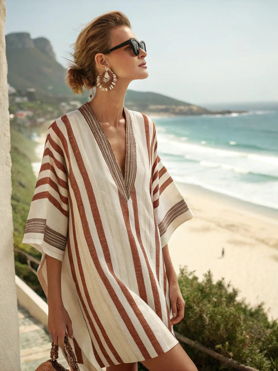 Women Boho Vertical Striped V Neck Loose Short Kaftan Beach Dress