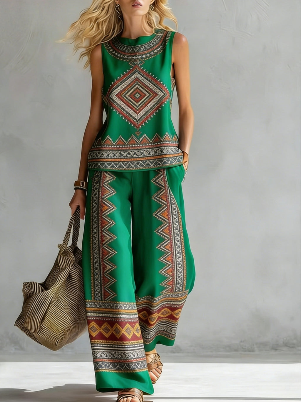 Boho Floral Trim Sleeveless Wide Leg Two Piece Set