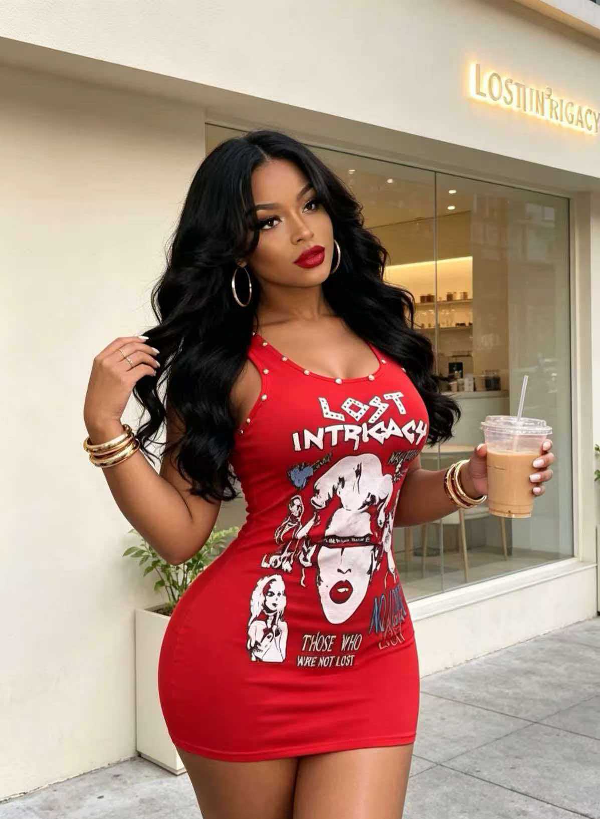 Lost Intricacy Graphic Rivet Tank Backless Bodycon Mini Dress Women