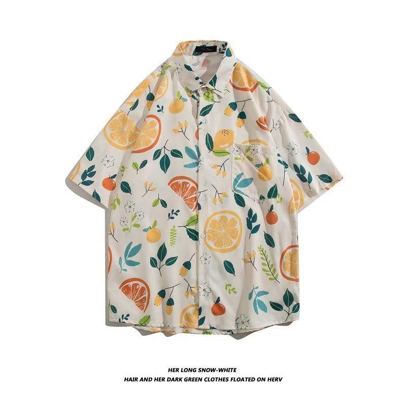 Mens Vintage Cartoon Tropical Print Short Sleeve Beach Shirt