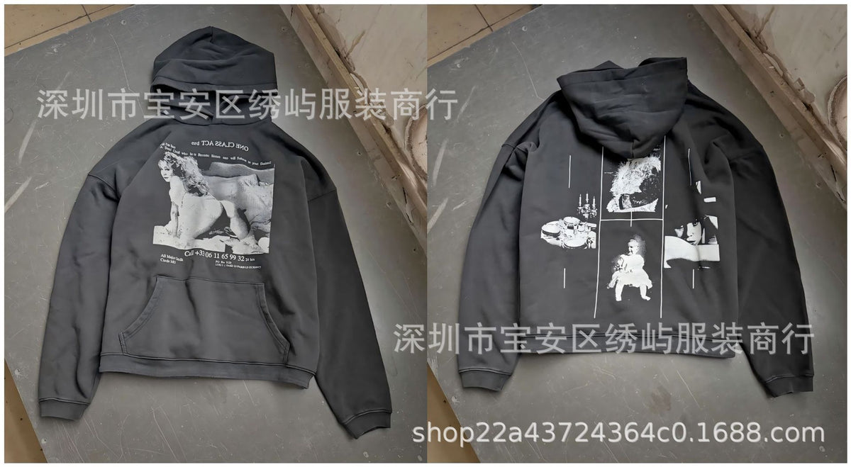 ERD Distressed Photo Letter Print Hoodie Vintage Cotton Pullover