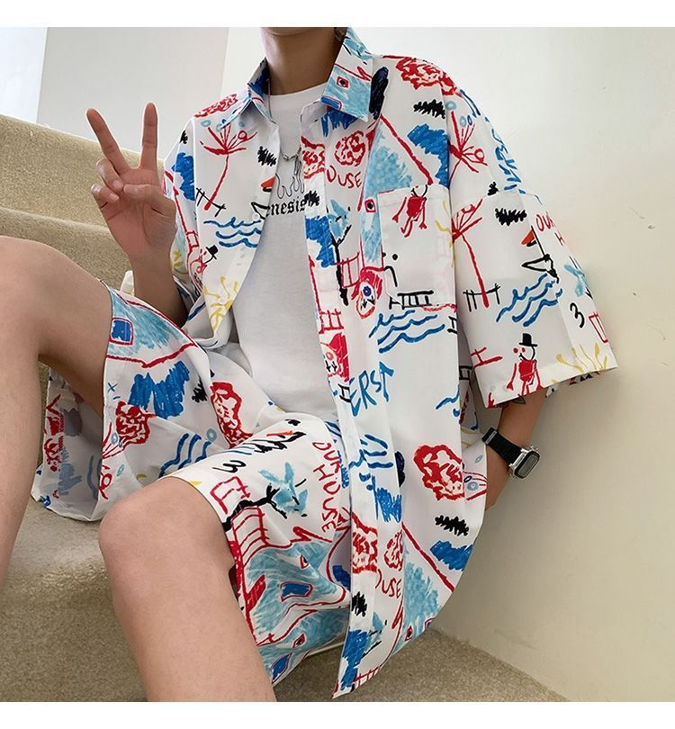 Couple Quick Dry Floral Loose Tropical Beach Shirt Shorts Set